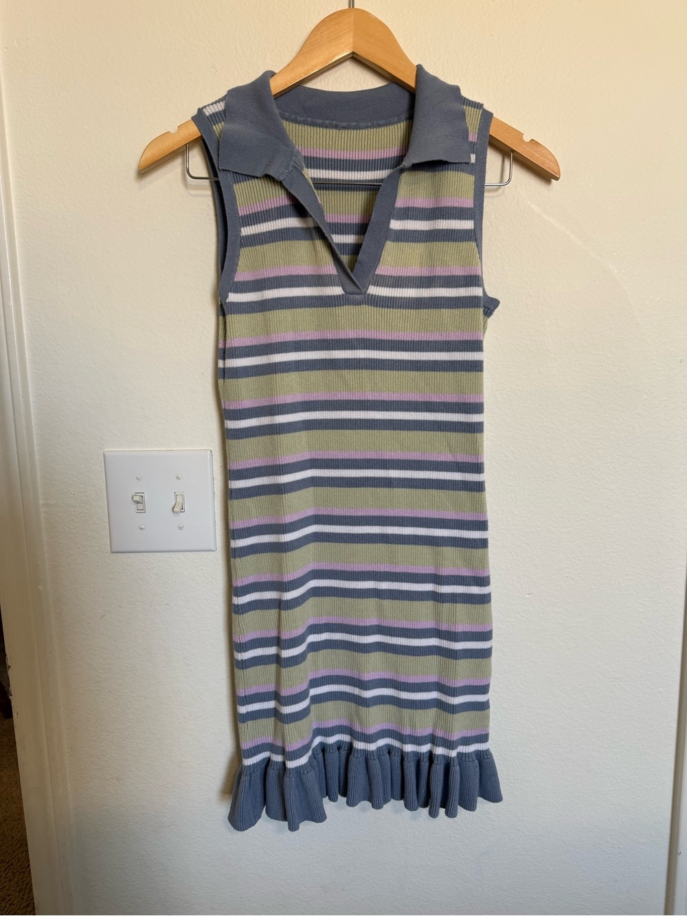 Sleeveless Striped Knit Polo Dress in Blue, Olive & Lavender